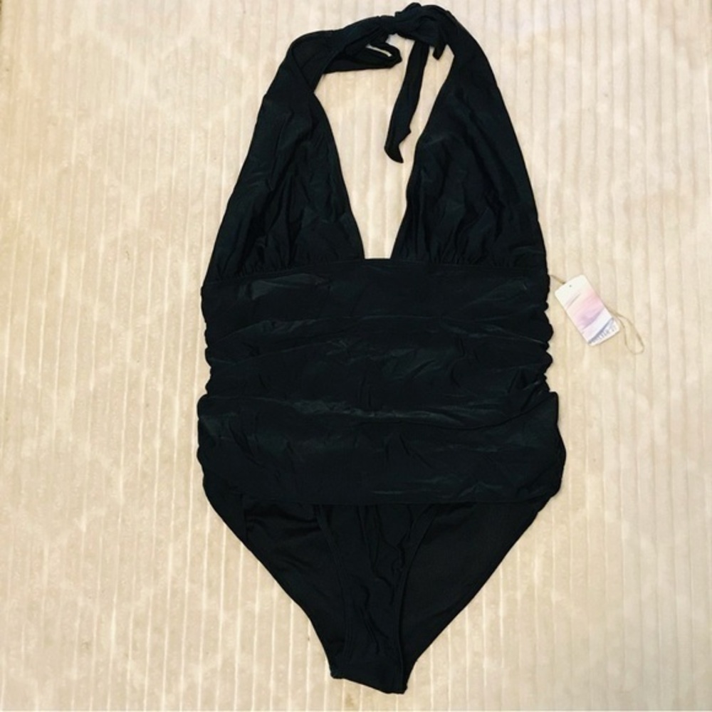 NWT Forever 21 Black Tummy Control Halter Neck Plunging One Piece Swimsuit 3X